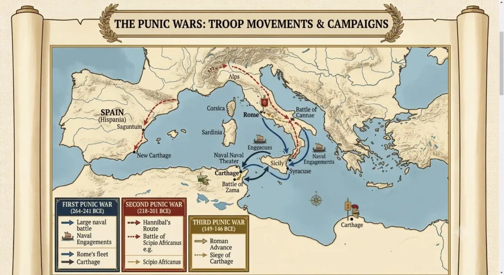 Map showing the three Punic Wars between Rome and Carthage from 264 to 146 BCE