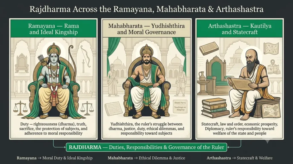 Illustration comparing Rajdharma concepts across the Ramayana, Mahabharata and Kautilya's Arthashastra