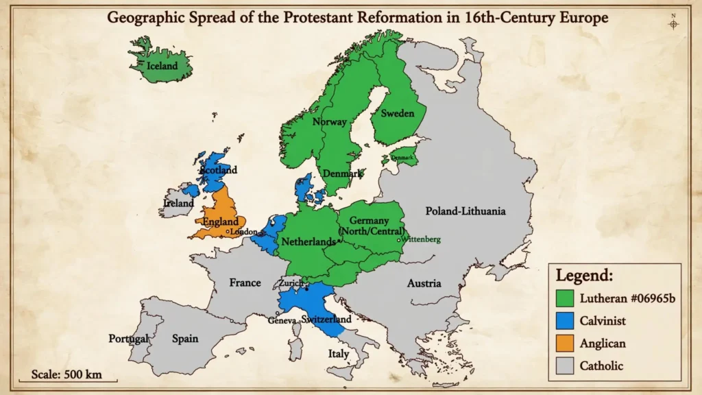 Map: Spread of the Reformation Across Europe Map of the geographic spread of the Protestant Reformation across 16th-century Europe