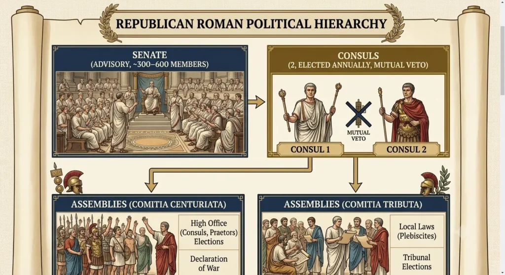 Flowchart of Roman Republic political institutions – Senate, Consuls and Assemblies