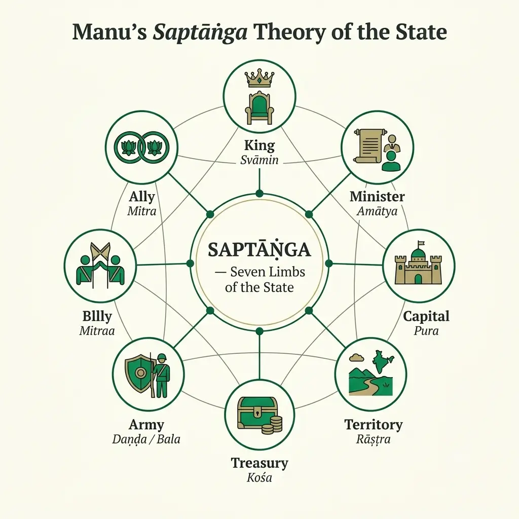 Diagram of Manu's seven-limb (Saptanga) theory of the state — king, minister, capital, territory, treasury, army, ally