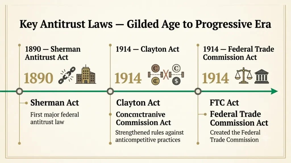 Sherman Clayton antitrust act timeline gilded age progressive era