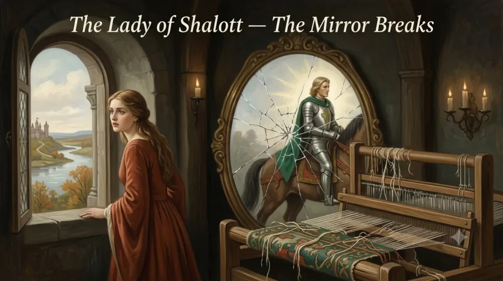 Sir Lancelot in mirror Lady of Shalott curse scene sir lancelot flashing into crystal mirror lady of shalott looking out window