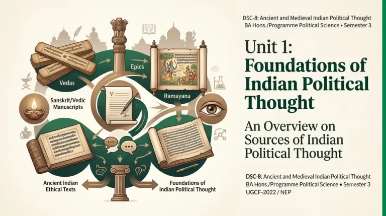 Illustration representing sources of Indian political thought including Vedas, epics and epistemology for DU students