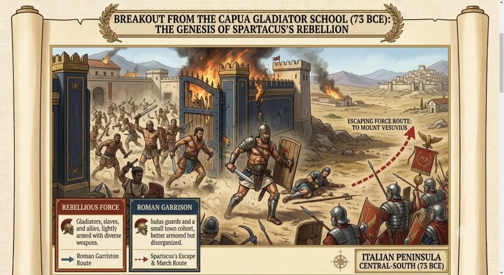 Illustration depicting the Spartacus slave revolt in ancient Rome, 73 to 71 BCE
