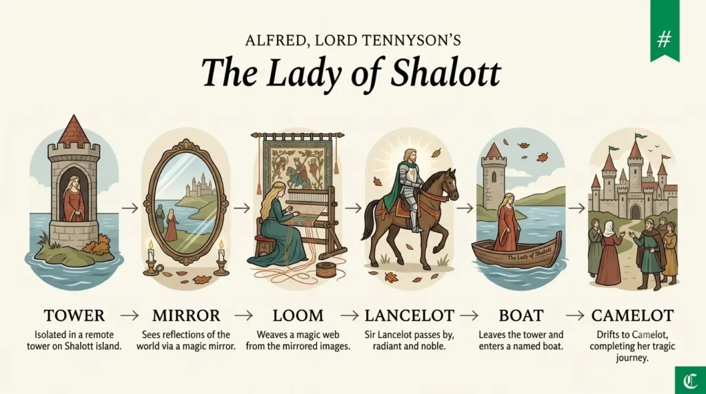 The Lady of Shalott Summary Infographic infographic showing island of shalott tower mirror curse and journey to camelot summary
