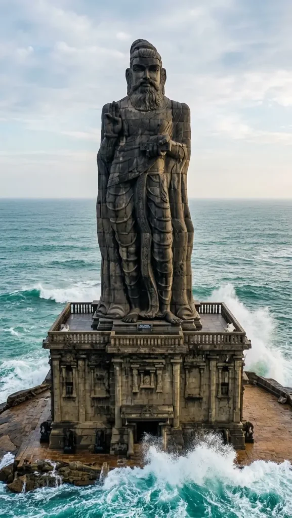 Stone statue of Thiruvalluvar on a rock island at Kanyakumari