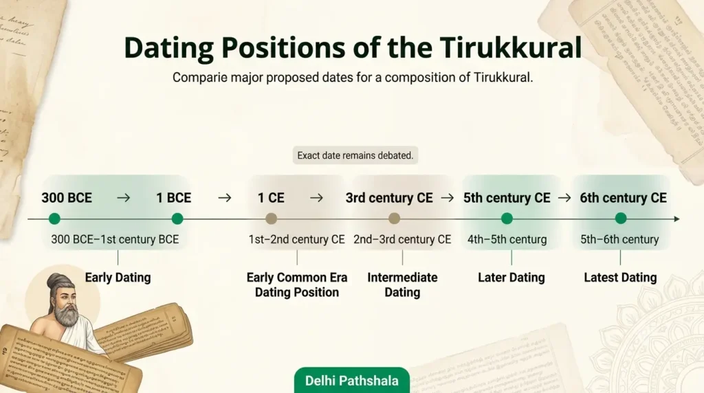 Timeline comparing proposed dates for the Tirukkural from 300 BCE to the 6th century CE