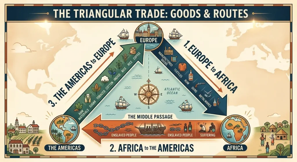 Diagram of Triangular Trade route between Europe, Africa, and the Americas