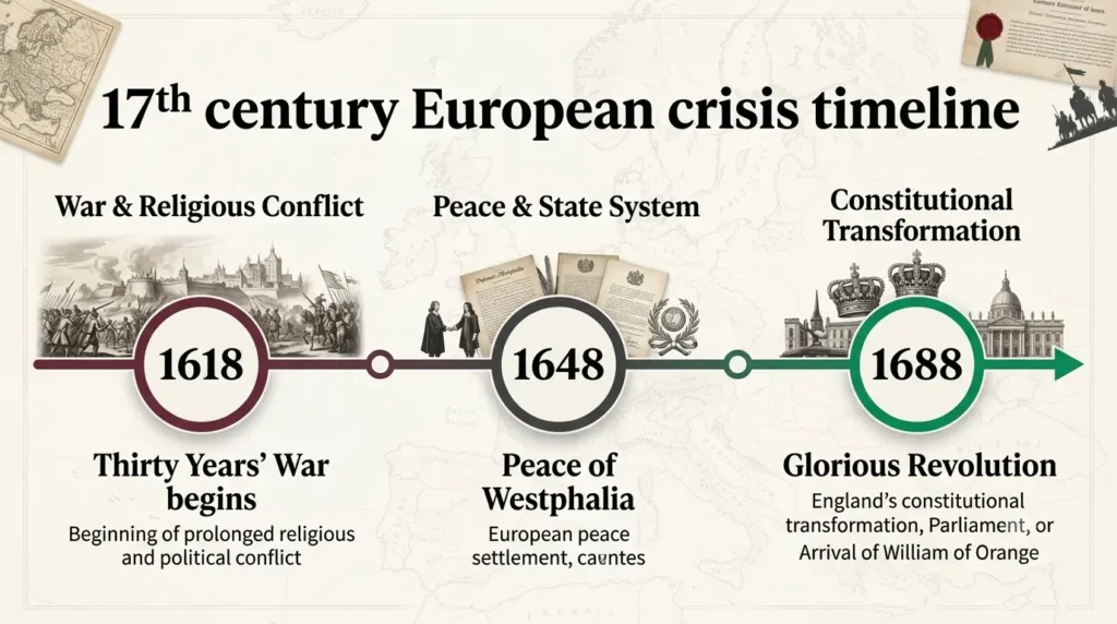 Timeline of the 17th century European crisis 1618-1688