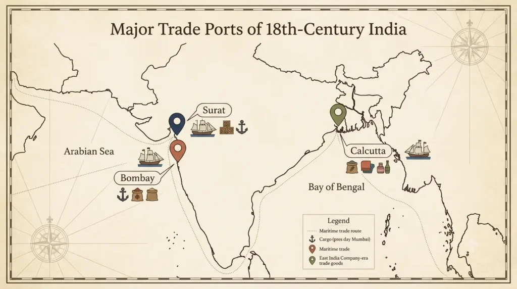 Major Trade Ports of 18th Century India Map of India highlighting Surat, Bombay and Calcutta as major 18th century trade ports