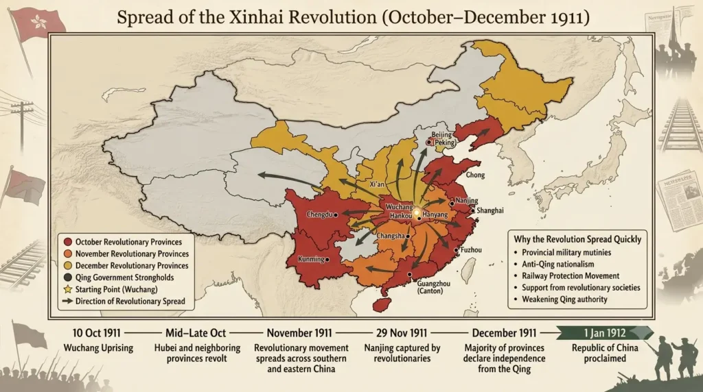 Map showing spread of Xinhai Revolution across Chinese provinces October to December 1911