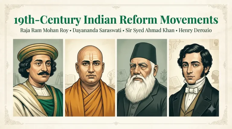 Collage of 19th century Indian reform movement leaders — Raja Ram Mohan Roy, Dayananda Saraswati, Sir Syed Ahmed Khan