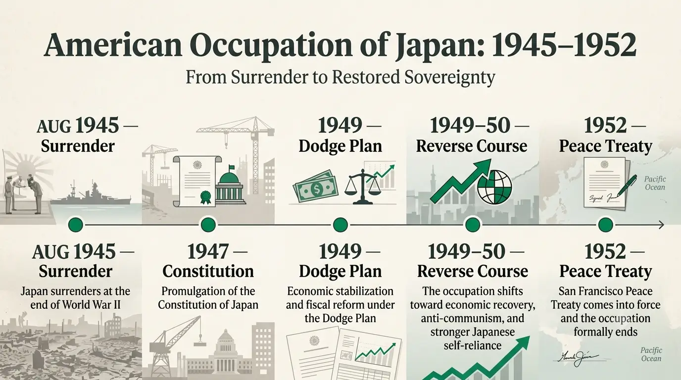 Timeline of the American occupation of Japan from surrender in 1945 to the San Francisco Peace Treaty in 1952