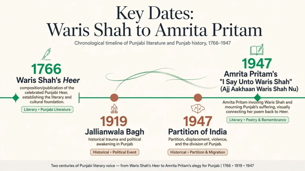 Timeline from Waris Shah's Heer in 1766 to Amrita Pritam's poem in 1947