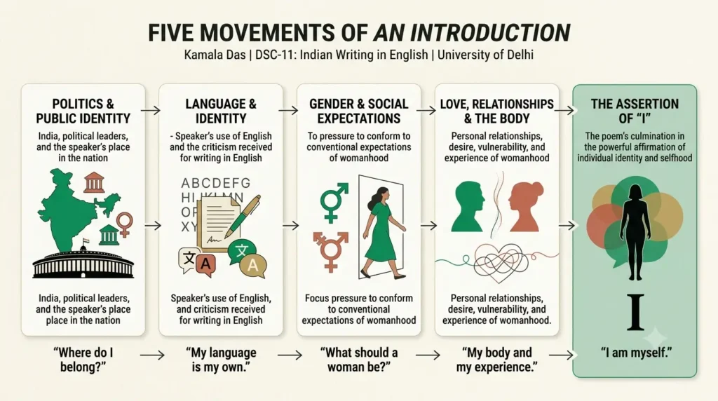 Diagram showing the five movements of Kamala Das's An Introduction