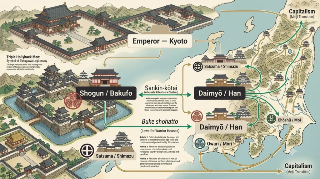 Structure of the Tokugawa bakuhan system Diagram showing the shogunate, the han ruled by daimyō, and the emperor in Kyoto, with sankin-kōtai as a control link