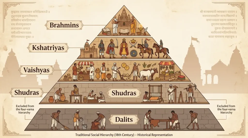 Social Hierarchy in 18th Century India Pyramid diagram of 18th century Indian caste hierarchy showing Brahmins, Kshatriyas, Vaishyas, Shudras and Dalits