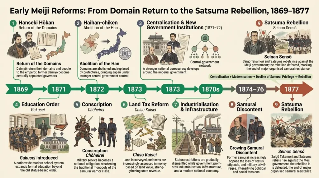 Early Meiji reforms, 1868–1877 Flowchart of early Meiji reforms from the return of domains in 1869 to the Satsuma Rebellion in 1877