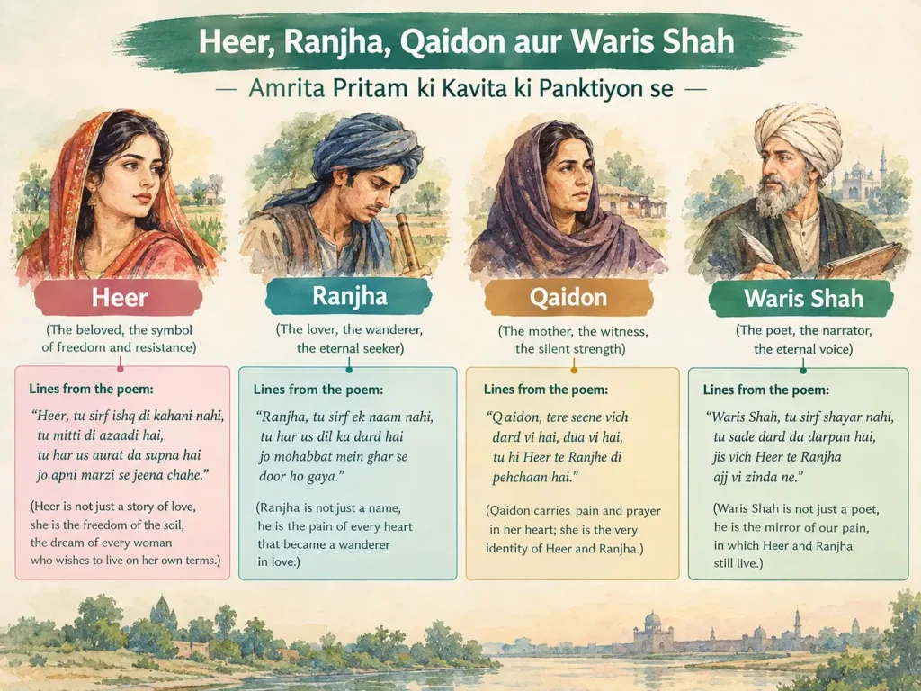 Chart linking Heer, Ranjha, Qaidon and Waris Shah to lines in Amrita Pritam's poem