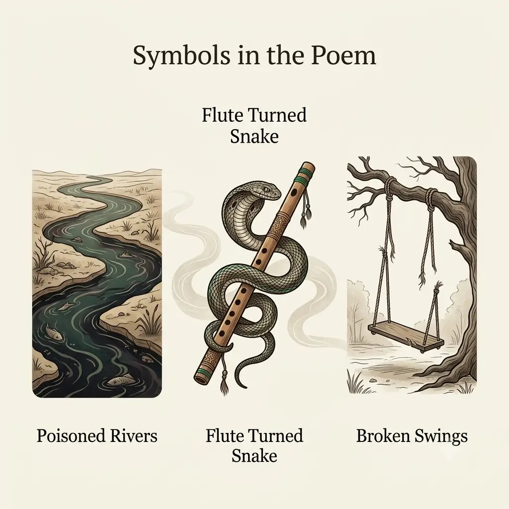 Infographic of symbols in the poem: poisoned rivers, flute turned snake, broken swings