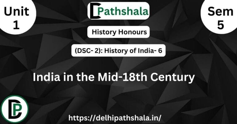 Map-style illustration showing the decline of the Mughal Empire and rise of regional powers in mid-18th century India