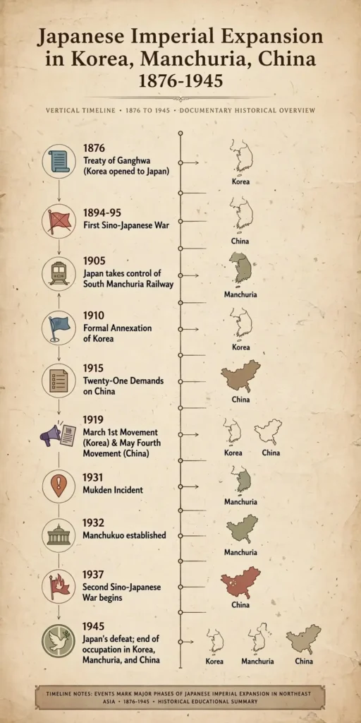 Japanese Expansion Timeline 1876-1945 Timeline of Japanese imperial expansion in Korea Manchuria and China 1876 to 1945