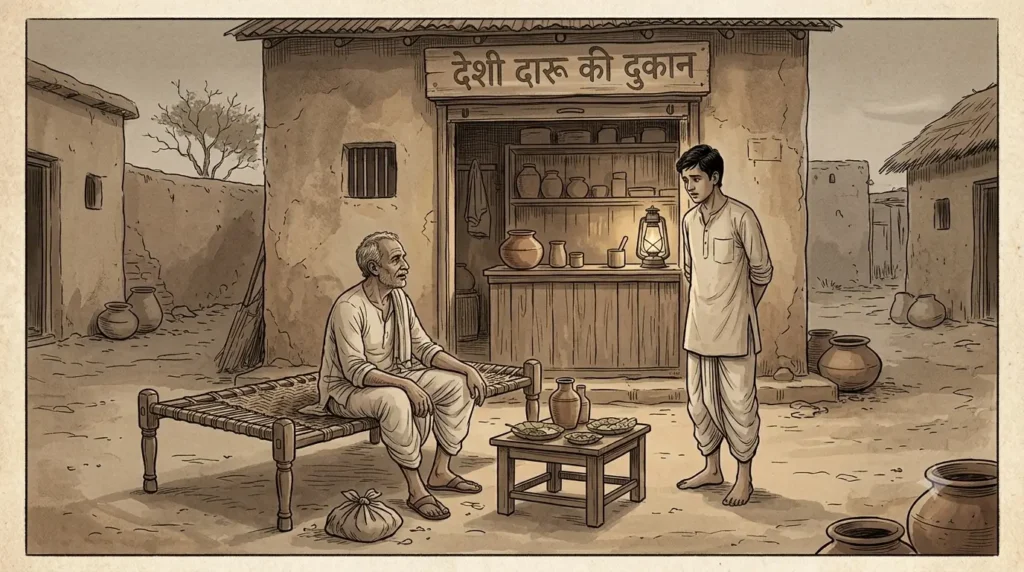 Ghisu and Madhav at the liquor shop instead of buying a shroud