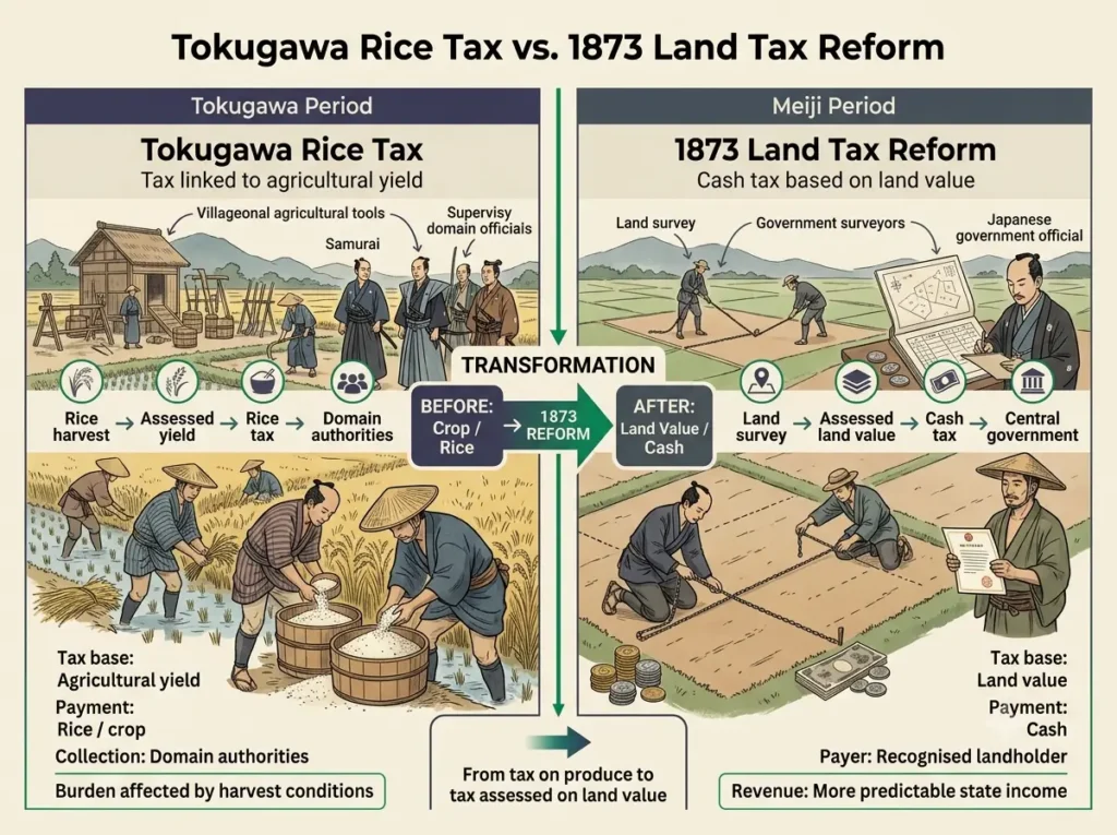 Meiji Land Tax Reform of 1873: before and after Two-column graphic comparing the Tokugawa rice tax with the 1873 cash land tax