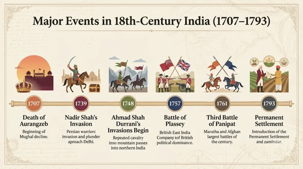 Timeline: Mughal Decline to Colonial Rule (1707–1793) Horizontal timeline showing key events from Aurangzeb's death in 1707 to the Permanent Settlement of 1793