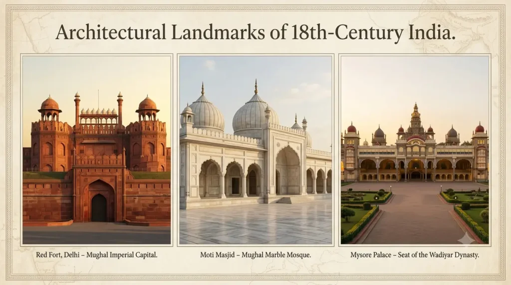 Mughal and Regional Architecture of the 18th Century Collage of Red Fort, Moti Masjid and Mysore Palace showing Mughal and regional architectural styles