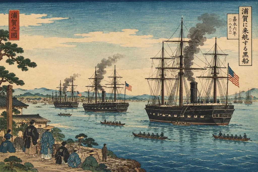 Perry’s Black Ships at Uraga, 1853 Japanese woodblock print showing Commodore Perry's steam warships anchored off Uraga in 1853