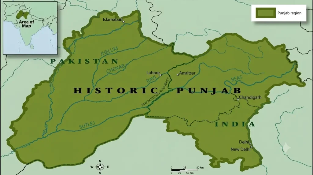 Map of Punjab showing the Jhelum, Chenab, Ravi, Beas and Sutlej and the 1947 boundary
