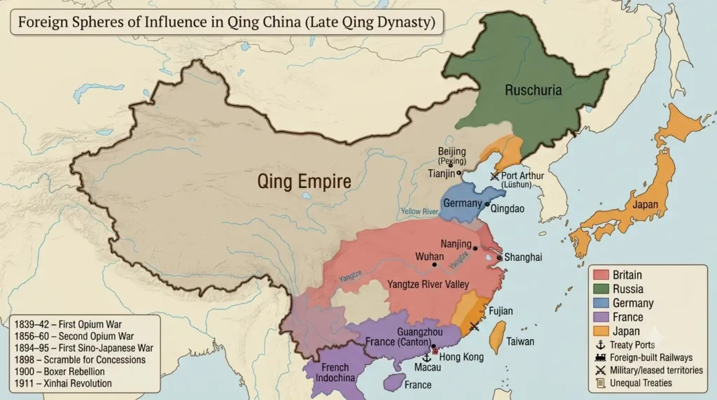 Map showing foreign spheres of influence in China under Qing dynasty