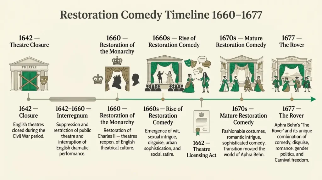 Restoration comedy timeline leading to The Rover 1677