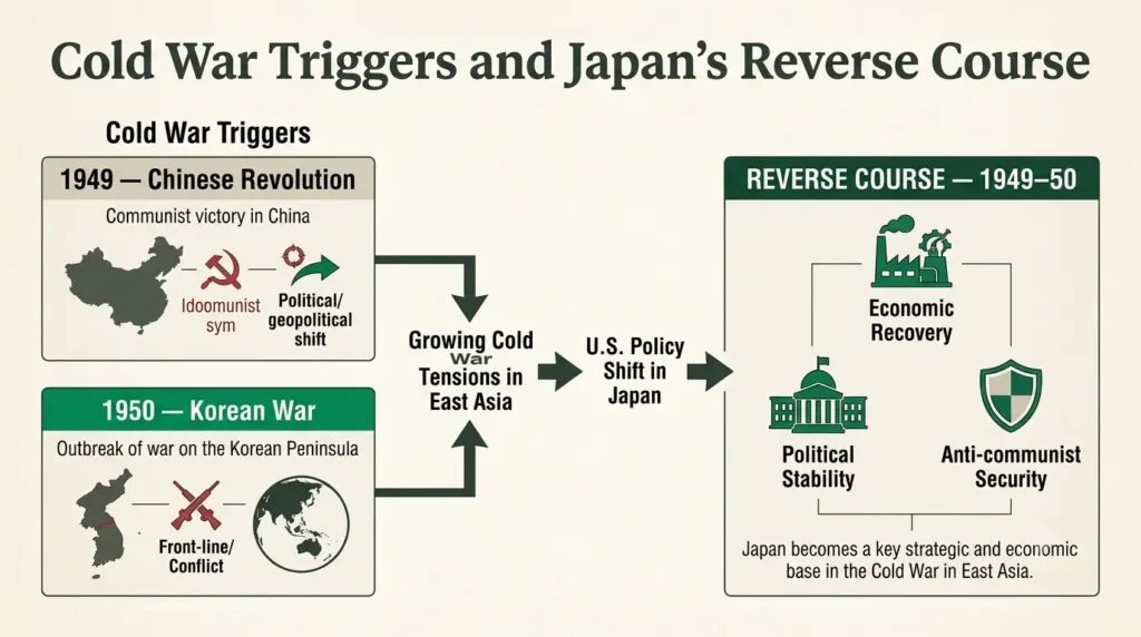 Diagram showing how the 1949 Chinese Revolution and 1950 Korean War triggered the reverse course in Japan