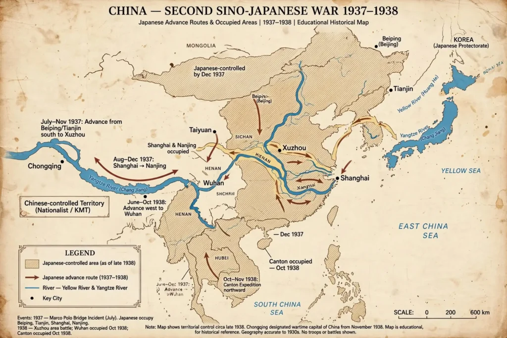 Second Sino-Japanese War Map Map of Japanese military advance during the Second Sino-Japanese War 1937-1945