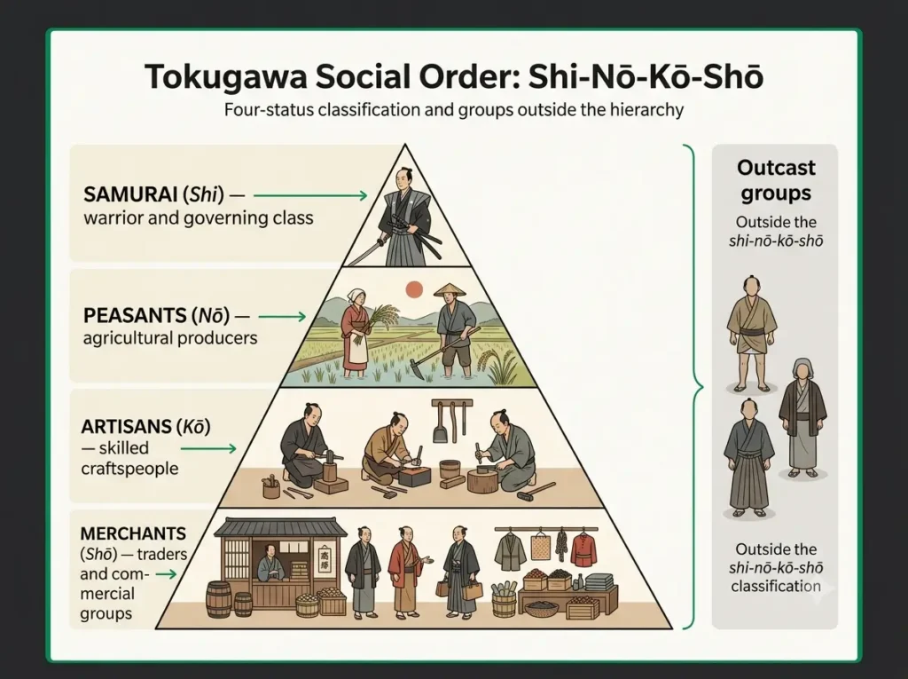 Tokugawa four-class hierarchy (shi-nō-kō-shō) Pyramid chart of samurai, peasants, artisans and merchants in Tokugawa Japan, with outcast groups shown outside the four classes