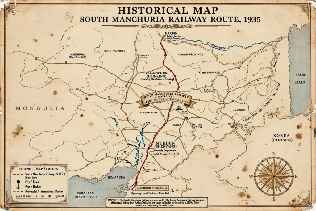 South Manchuria Railway Map 1905 South Manchuria Railway route map showing Mukden Changchun and Harbin