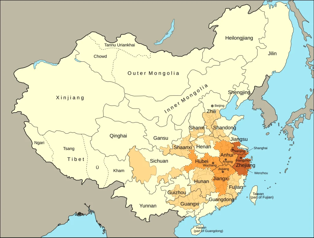 Taiping Heavenly Kingdom Territory Map Map showing Taiping-controlled territory in southern China with capital at Nanjing