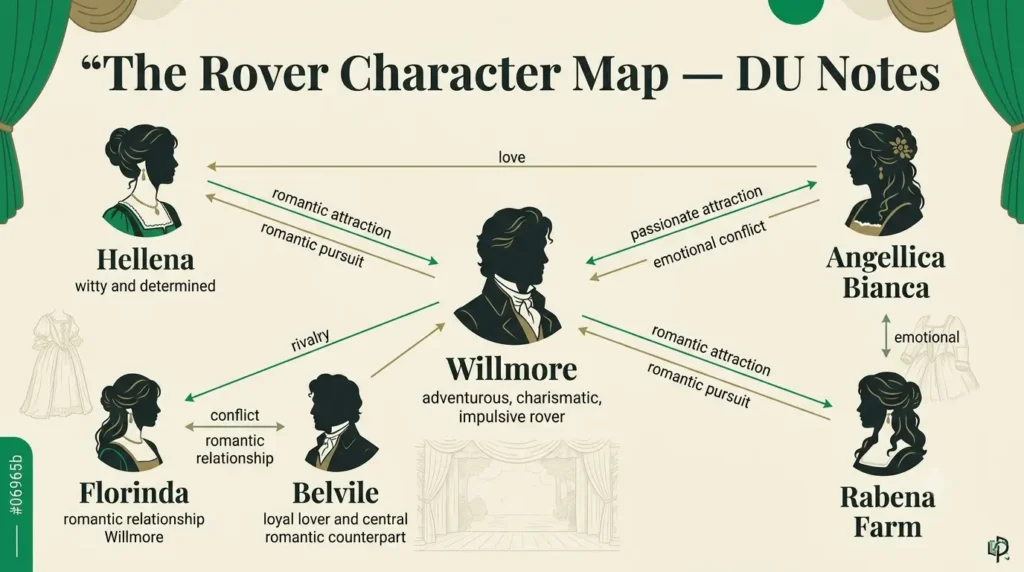 The Rover characters map Willmore Hellena Florinda Belvile Angellica
