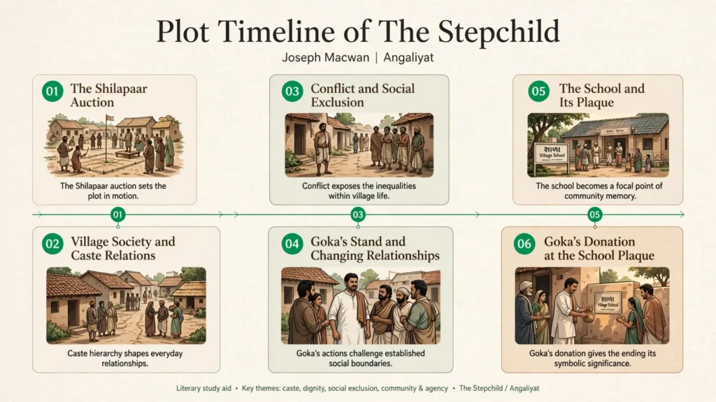 Six-stage timeline of The Stepchild from the Shilapaar auction to Goka’s donation at the school plaque