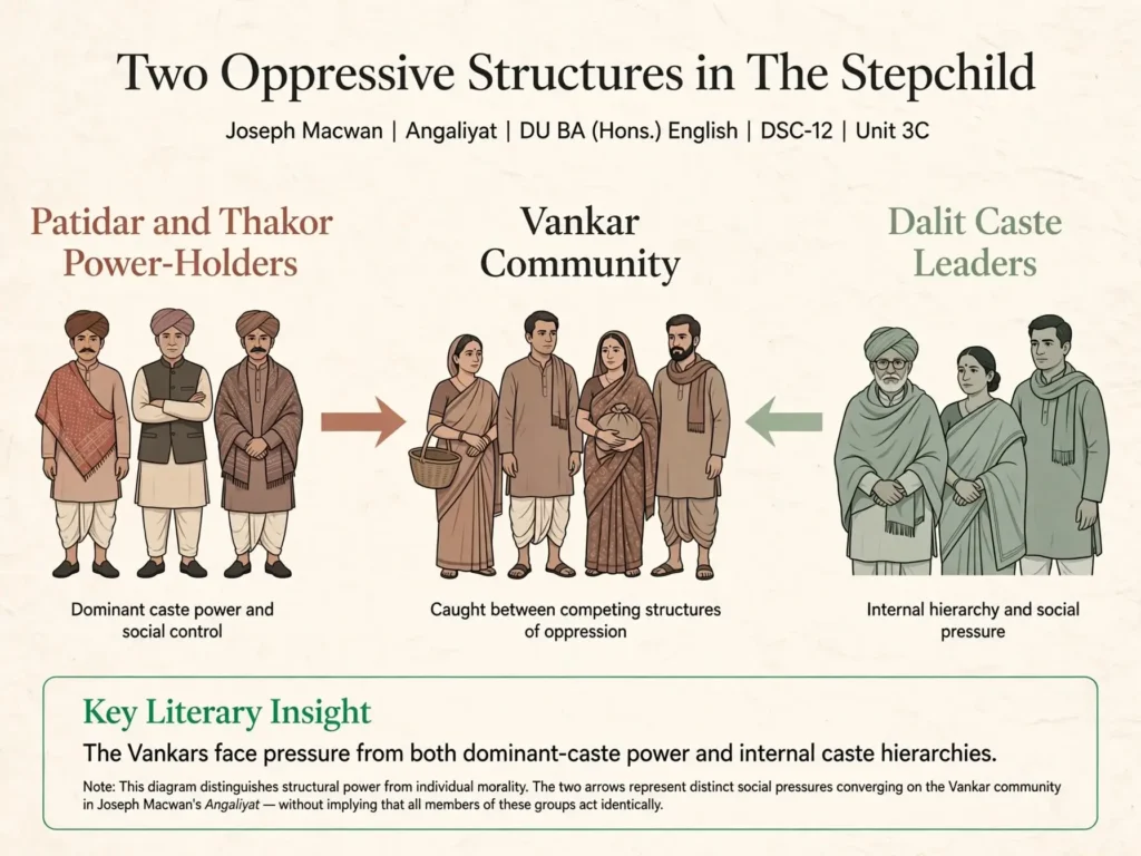 Diagram showing Patidar and Thakor power-holders on one side and Dalit caste leaders on the other, both pressing on the Vankars
