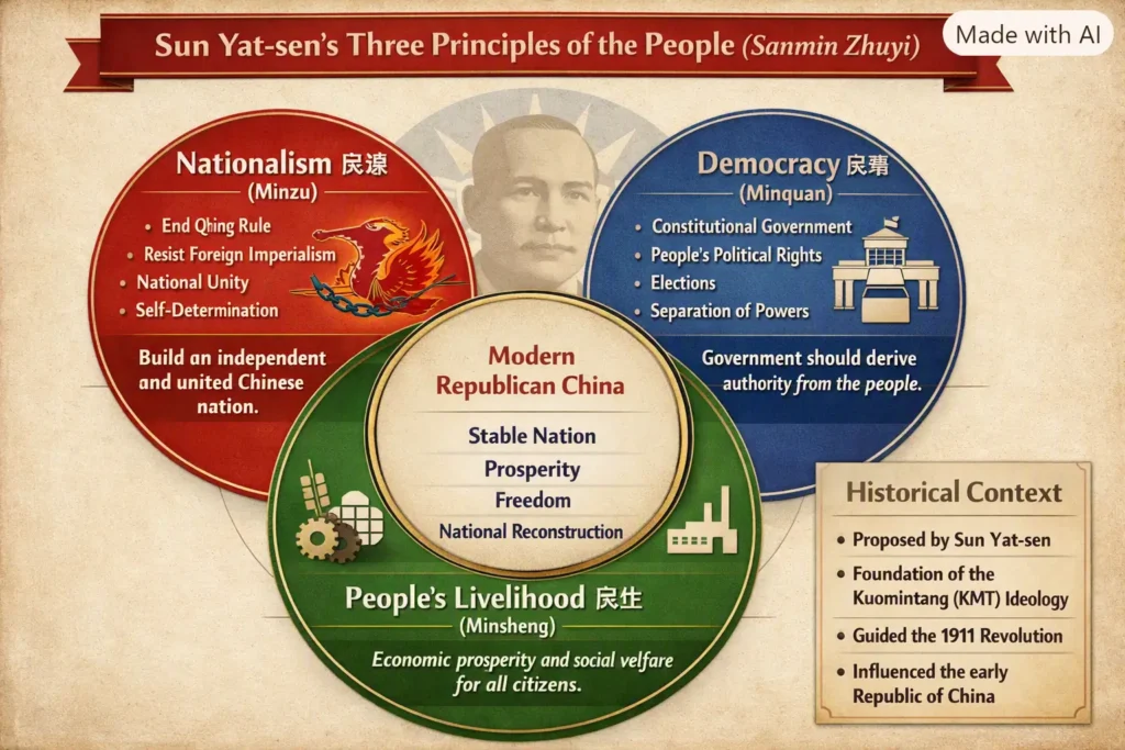 Diagram of Sun Yat-sen's Three Principles: Nationalism Democracy Livelihood