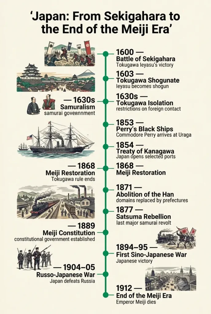 Timeline from the Tokugawa shogunate to the Meiji era Vertical infographic timeline of key dates from Sekigahara in 1600 to the end of the Meiji era in 1912