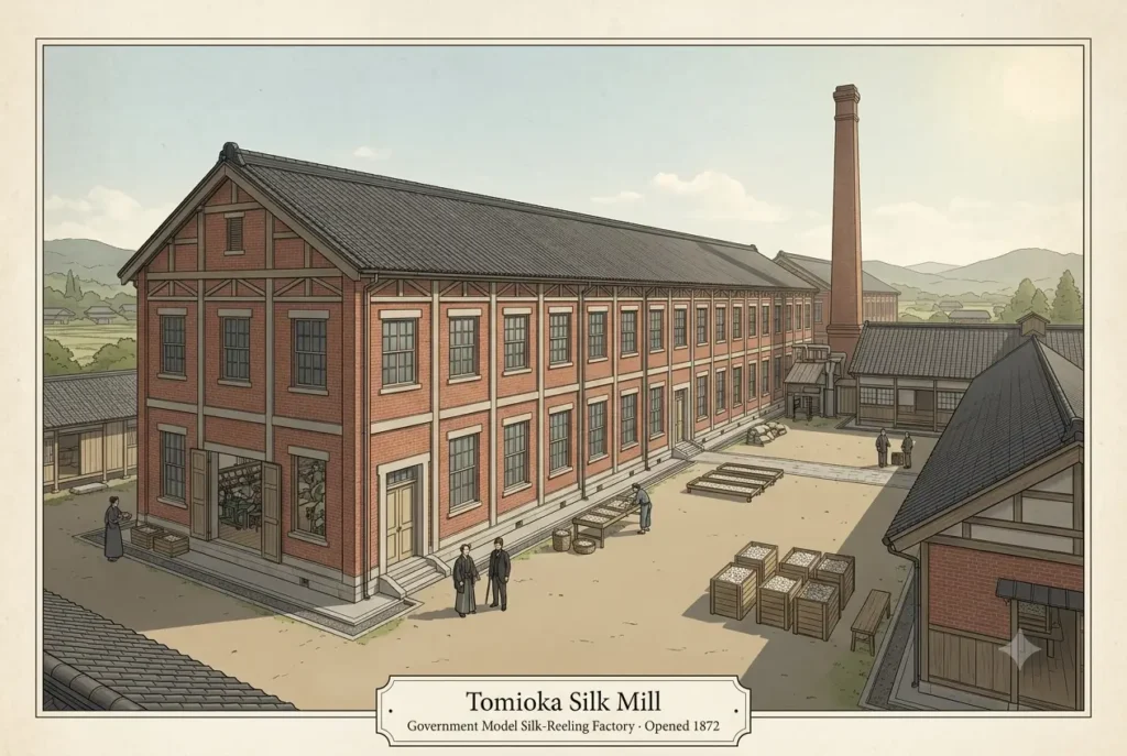 Tomioka Silk Mill, a Meiji model factory Brick buildings of the Tomioka Silk Mill, the government's model silk-reeling factory opened in 1872