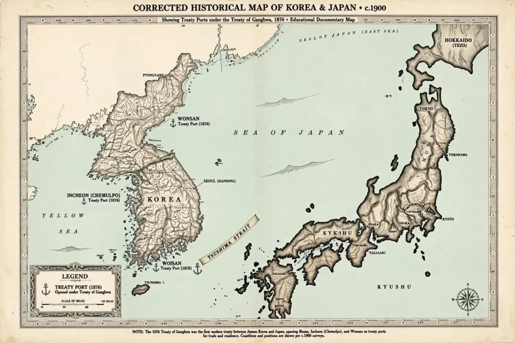 Korea Japan Treaty of Ganghwa Map Map of Korea and Japan showing treaty ports opened under the 1876 Treaty of Ganghwa