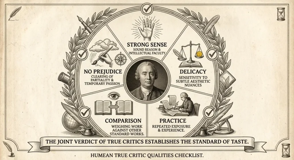The True Critic — Five Key Qualities Five qualities of Hume's true critic: strong sense, delicacy, practice, comparison, no prejudice