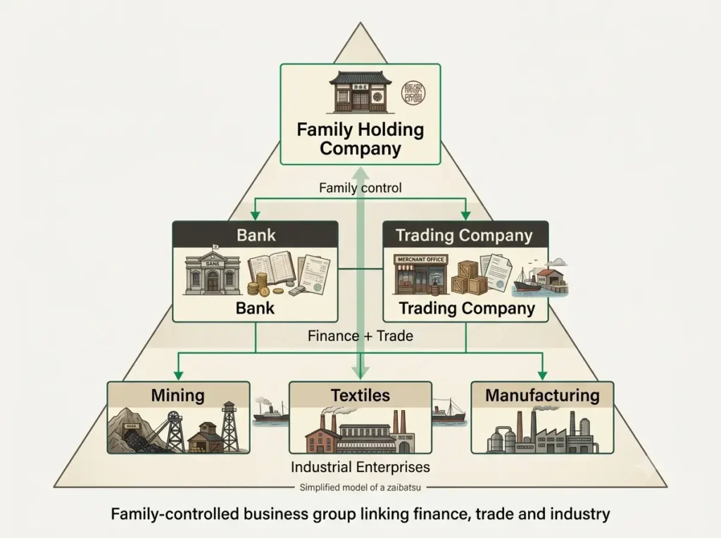 Structure of a Meiji-era zaibatsu Pyramid diagram of a zaibatsu with a family holding company above a bank, a trading company and industrial subsidiaries