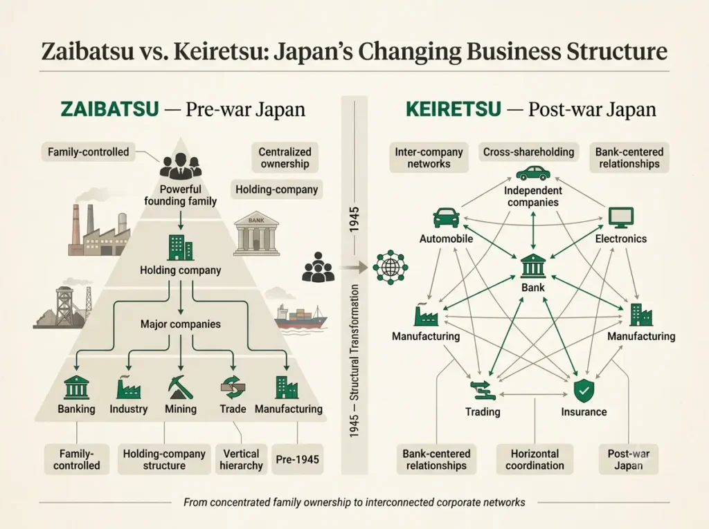 Comparison of Japan's pre-war zaibatsu conglomerates and post-war keiretsu business networks